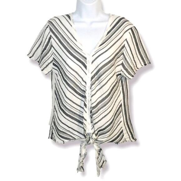 STARKx Short Sleeve Cotton Tie Knot Gauze Top V-Neck Stripe White Grey S - Picture 1 of 10